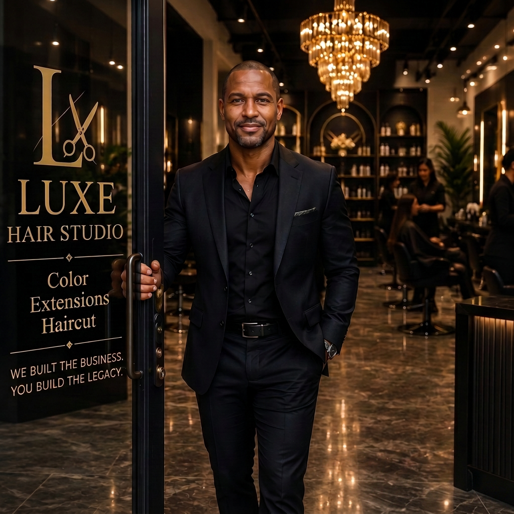 Business owner opening the door of a luxury hair studio.