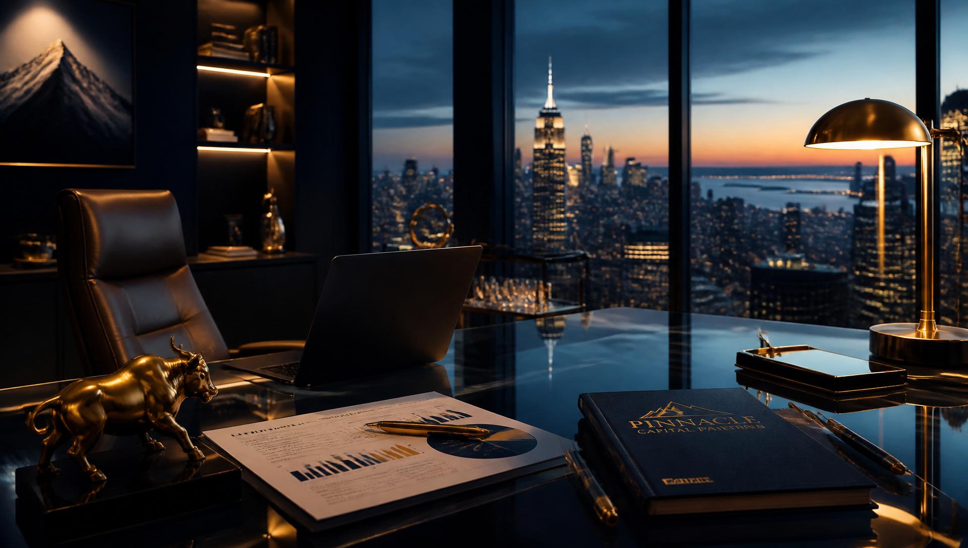 Premium executive workspace overlooking city skyline at dusk