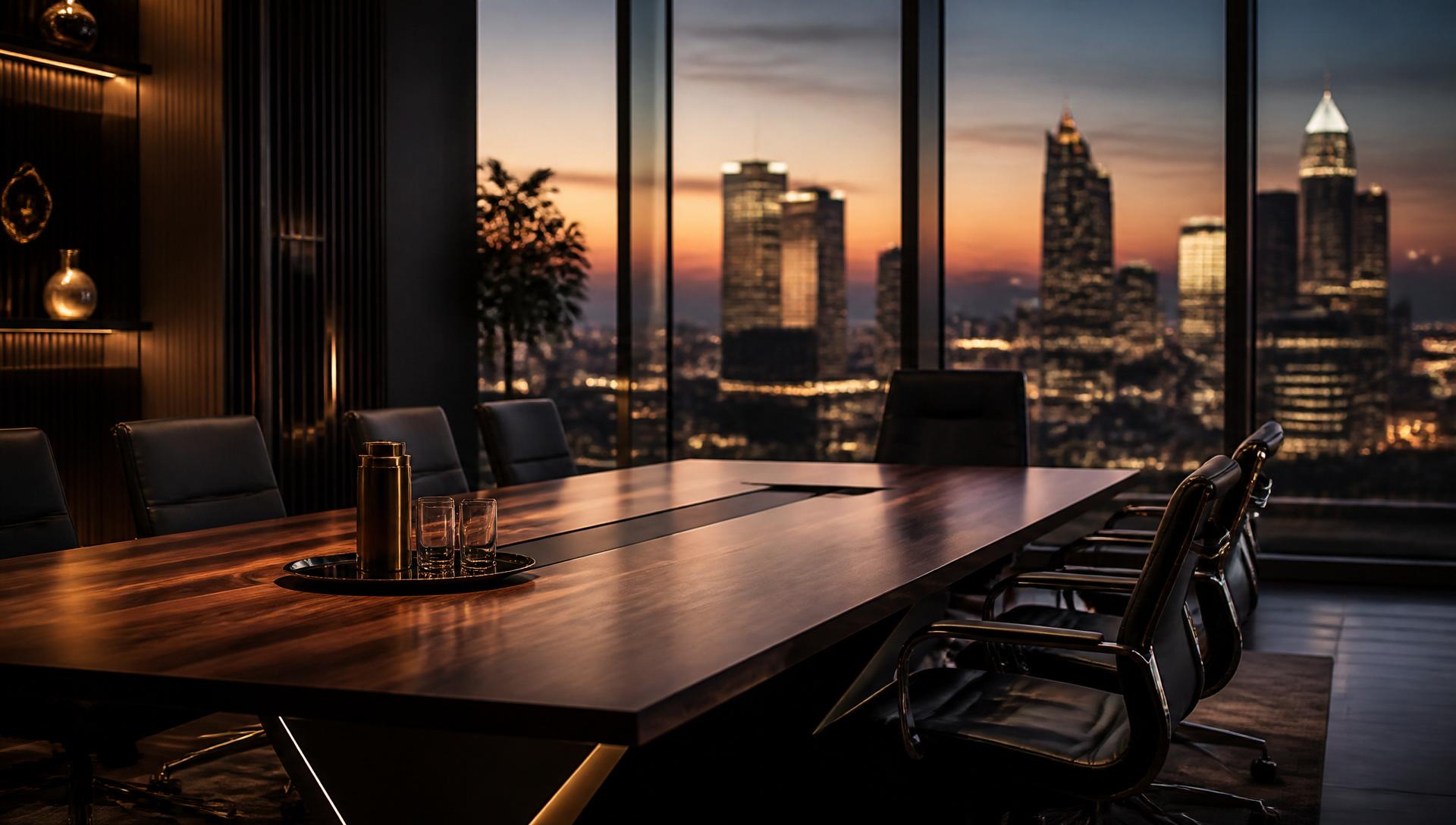 Premium boardroom overlooking city skyline at dusk